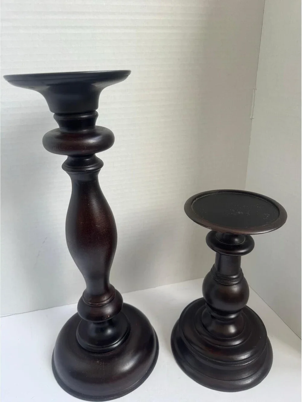Vintage Pottery Barn Turned Wood Pillar Candle Holders — Espresso Finish